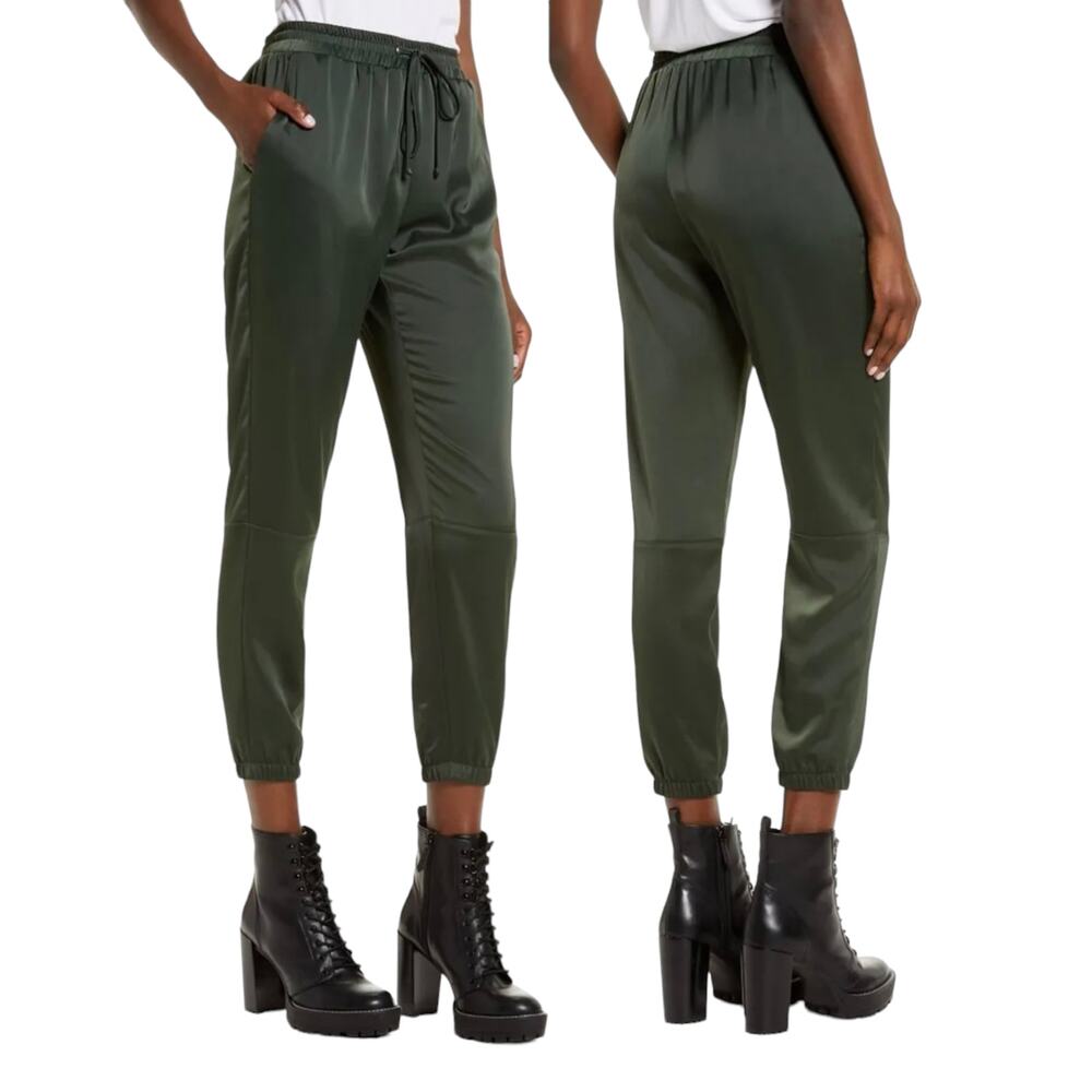 Socialite Satin Olive Green Joggers Drawstring Pockets